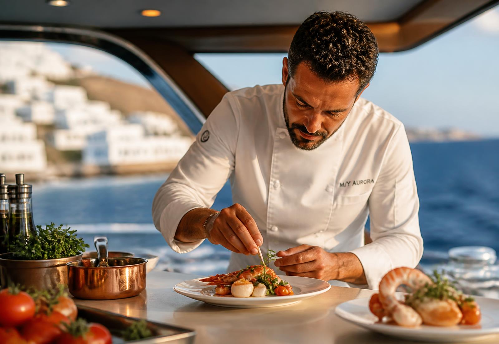 Chef plating a seafood dish in a yacht galley overlooking the sea
