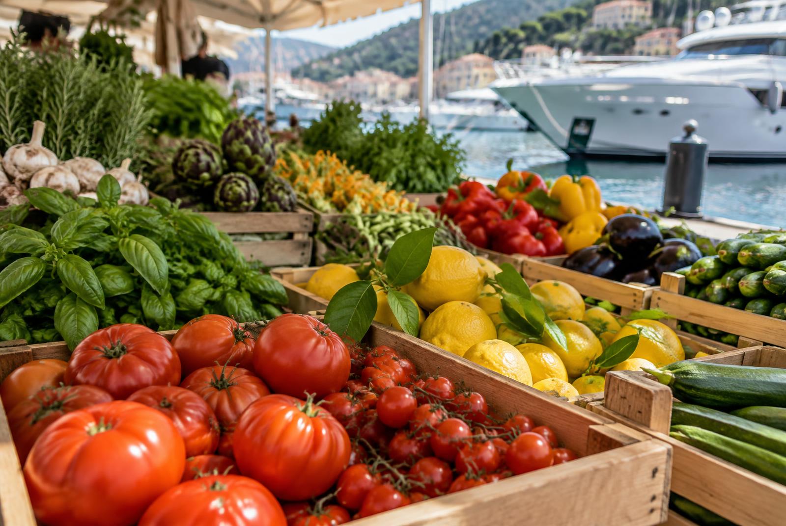 Market stall with crates of fresh tomatoes, lemons and vegetables beside a marina